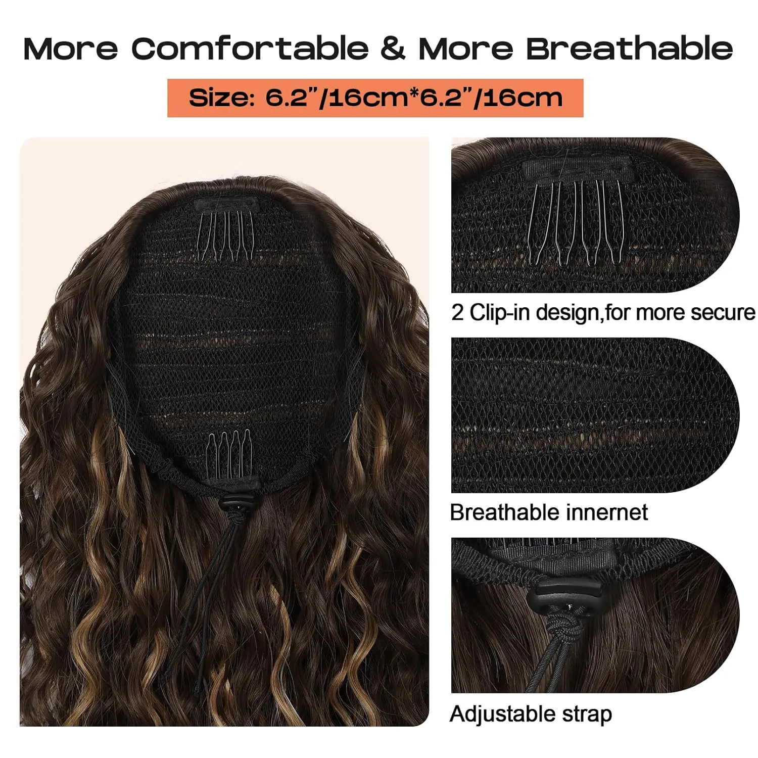 SEIKEA Highlight Drawstring Ponytail Extension, PT005 Isabella 26" Long Bohemian Curly Pony Tail Multi Layered Light Soft Clip in Hair Extensions Ponytail Natural Synthetic Hairpiece Black Brown