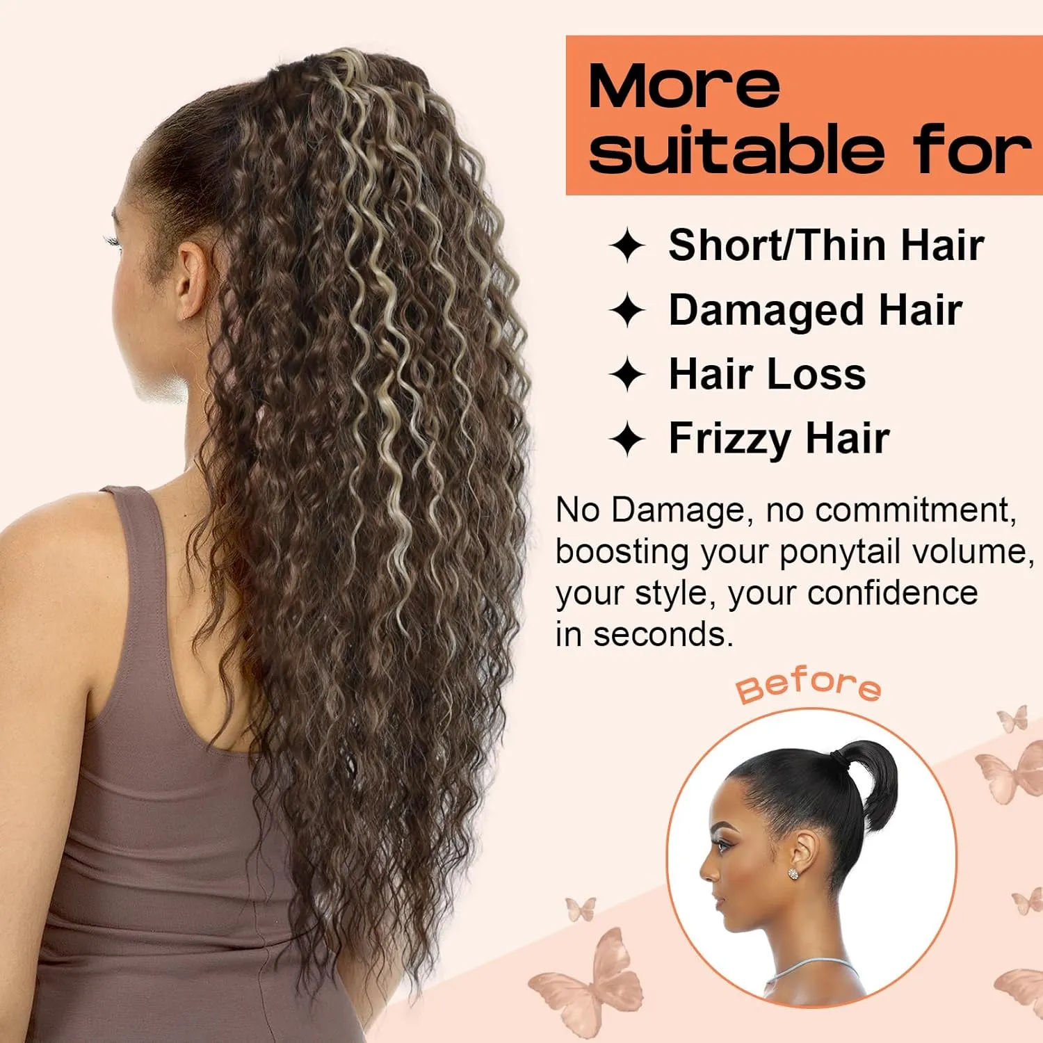 SEIKEA Highlight Drawstring Ponytail Extension, PT005 Isabella 26" Long Bohemian Curly Pony Tail Multi Layered Light Soft Clip in Hair Extensions Ponytail Natural Synthetic Hairpiece Black Brown