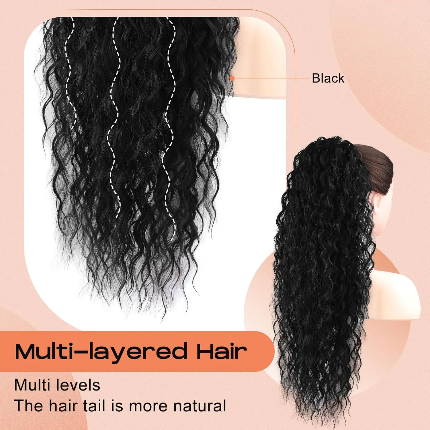 SEIKEA Highlight Drawstring Ponytail Extension, PT005 Isabella 26" Long Bohemian Curly Pony Tail Multi Layered Light Soft Clip in Hair Extensions Ponytail Natural Synthetic Hairpiece for Women Black