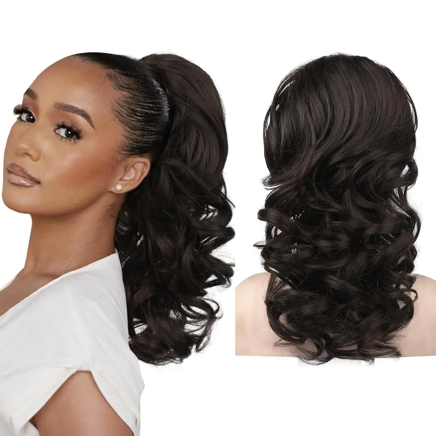 SEIKEA Ponytail Extension, 18" Long Wavy Curly Drawstring Ponytail Multi-layered Fluffy Thick Clip in Hair Extensions Natural Soft Synthetic Hairpiece Black Brown