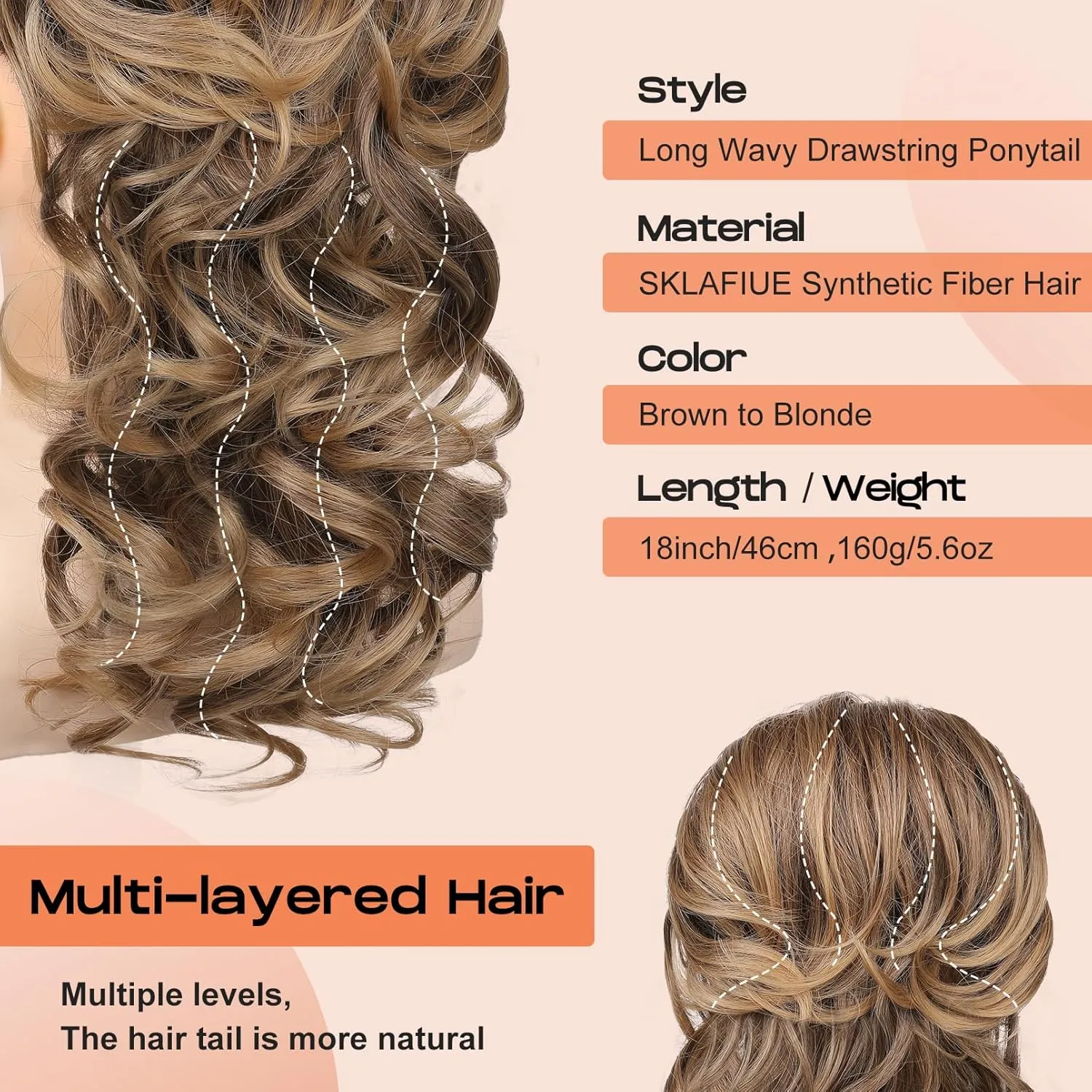 SEIKEA Ponytail Extension, 18" Long Wavy Curly Drawstring Ponytail Multi-layered Fluffy Thick Clip in Hair Extensions Natural Soft Synthetic Hairpiece Brown to Blonde