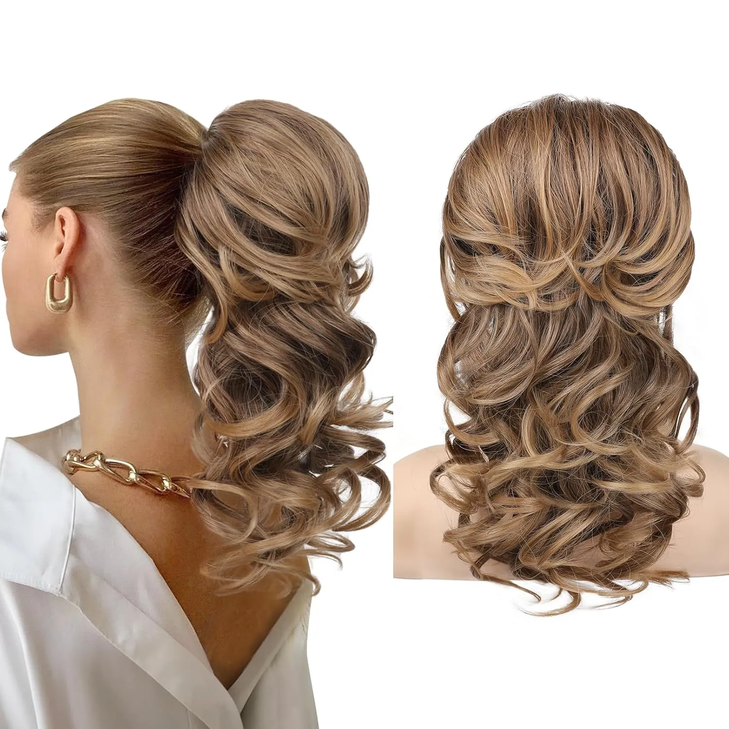 SEIKEA Ponytail Extension, 18" Long Wavy Curly Drawstring Ponytail Multi-layered Fluffy Thick Clip in Hair Extensions Natural Soft Synthetic Hairpiece Brown to Blonde