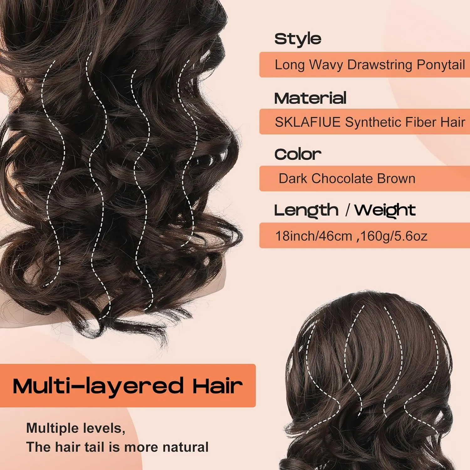 SEIKEA Ponytail Extension, 18" Long Wavy Curly Drawstring Ponytail Multi-layered Fluffy Thick Clip in Hair Extensions Natural Soft Synthetic Hairpiece Dark Chocolate Brown