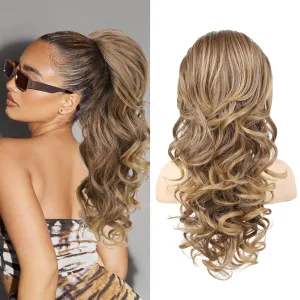 SEIKEA Ponytail Extension, 22" Long Wavy Curly Drawstring Ponytail Multi-layered Fluffy Thick Clip in Hair Extensions Natural Soft Synthetic Hairpiece Brown to Blonde