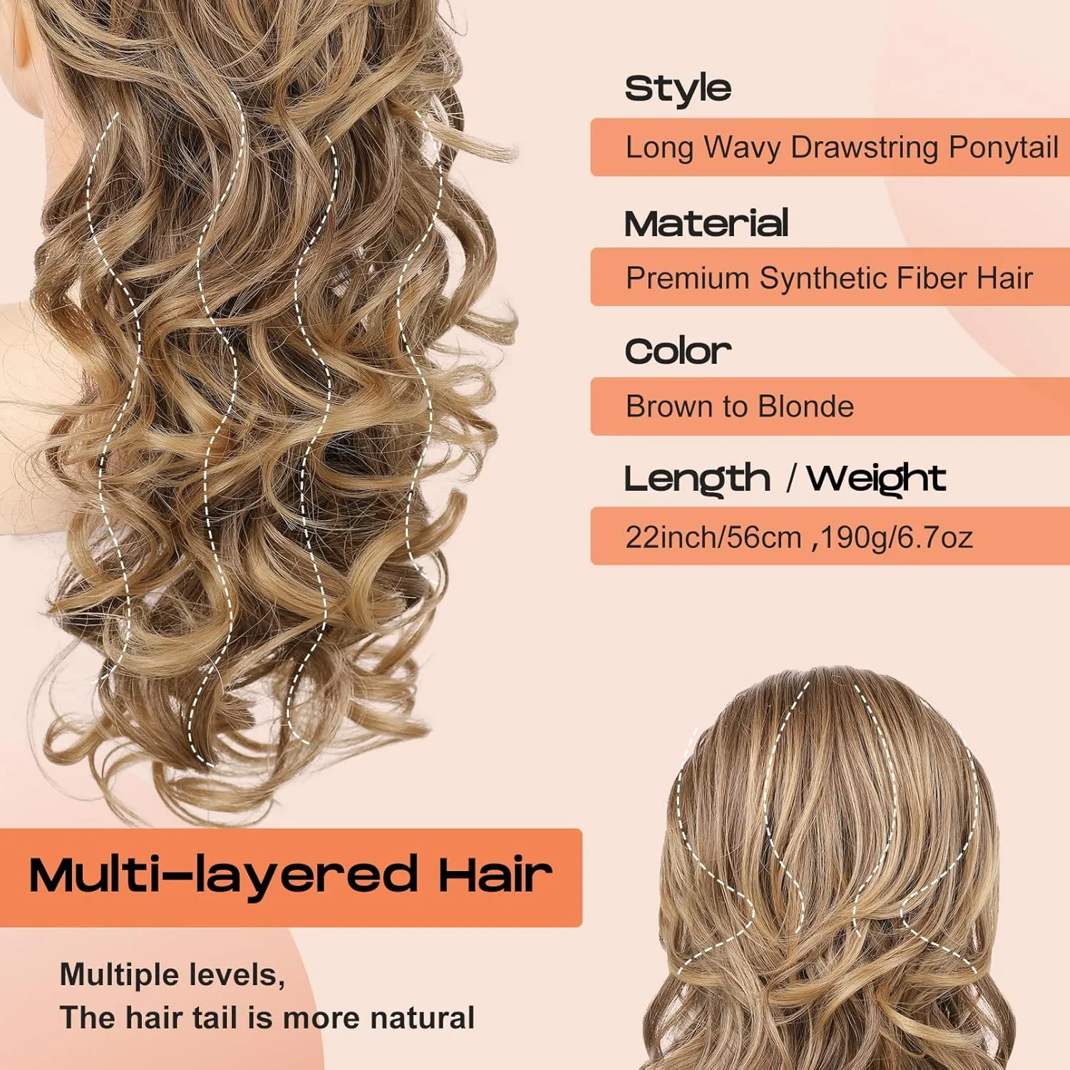 SEIKEA Ponytail Extension, 22" Long Wavy Curly Drawstring Ponytail Multi-layered Fluffy Thick Clip in Hair Extensions Natural Soft Synthetic Hairpiece Brown to Blonde