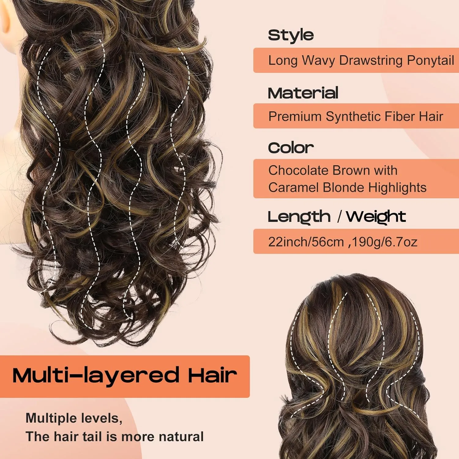 SEIKEA Ponytail Extension, 22" Long Wavy Curly Drawstring Ponytail Multi-layered Fluffy Thick Clip in Hair Extensions Natural Soft Synthetic Hairpiece Chocolate Brown with Caramel Blonde Highlights