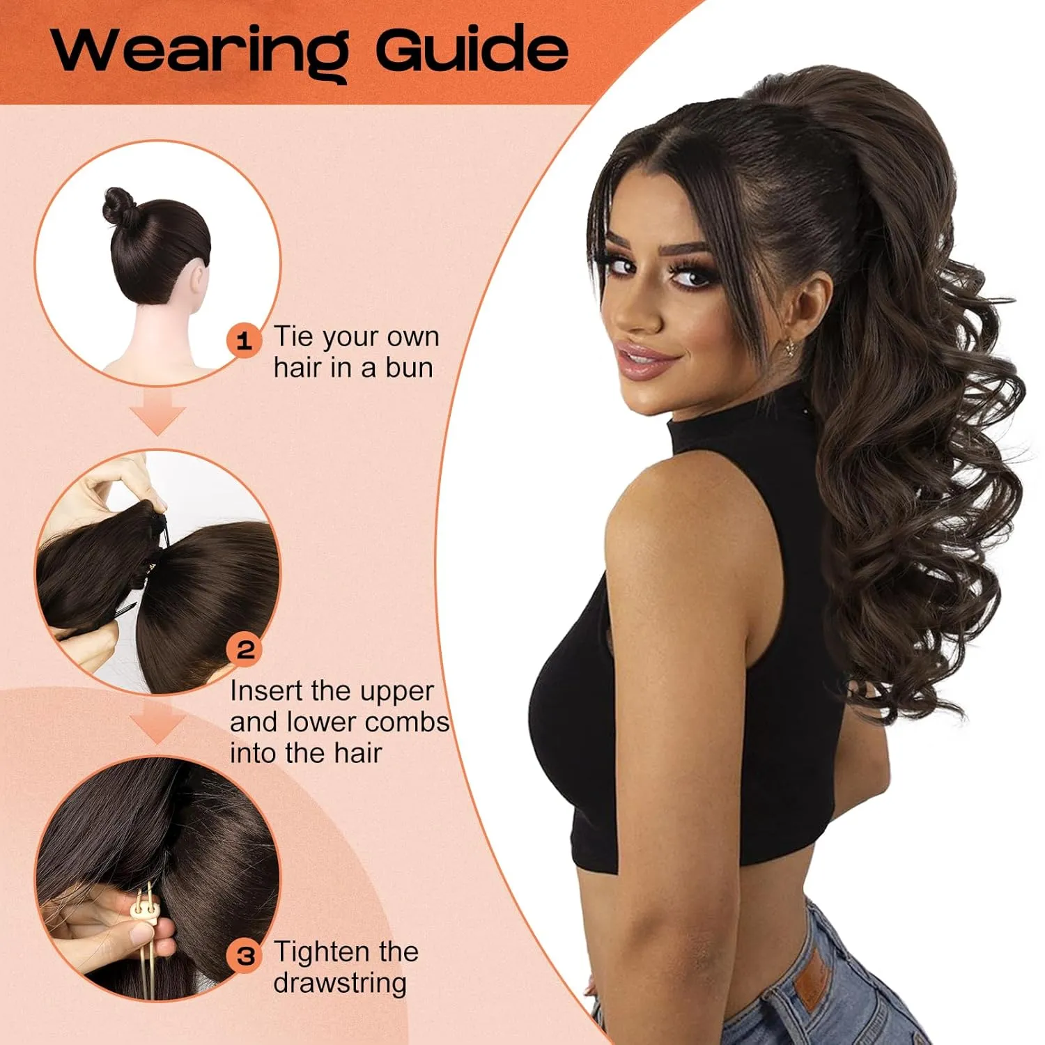 SEIKEA Ponytail Extension, 22" Long Wavy Curly Drawstring Ponytail Multi-layered Fluffy Thick Clip in Hair Extensions Natural Soft Synthetic Hairpiece Chocolate Brown with Highlights