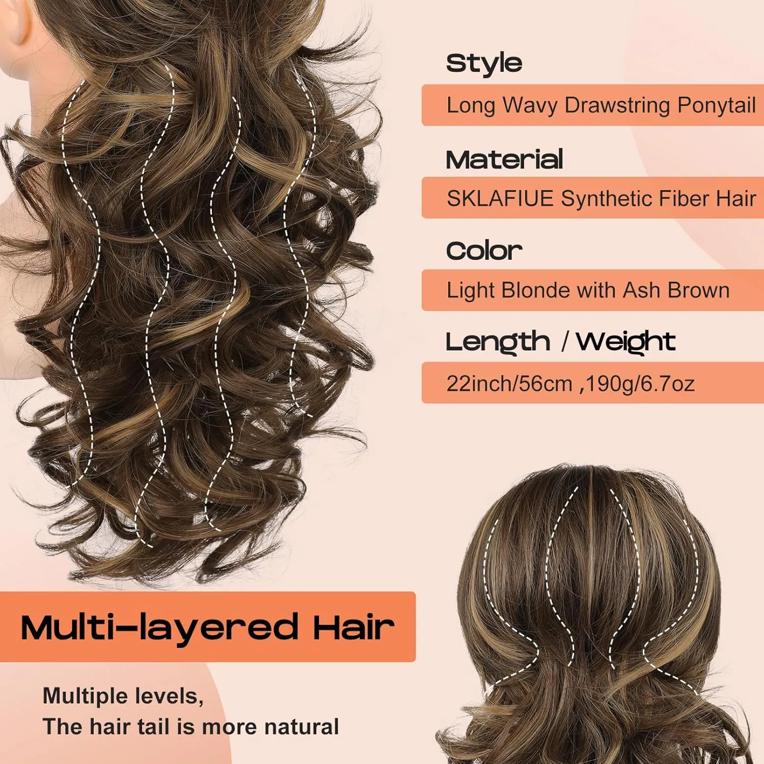 SEIKEA Ponytail Extension, 22" Long Wavy Curly Drawstring Ponytail Multi-layered Fluffy Thick Clip in Hair Extensions Natural Soft Synthetic Hairpiece Chocolate Brown with Highlights