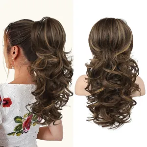 SEIKEA Ponytail Extension, 22" Long Wavy Curly Drawstring Ponytail Multi-layered Fluffy Thick Clip in Hair Extensions Natural Soft Synthetic Hairpiece Chocolate Brown with Highlights