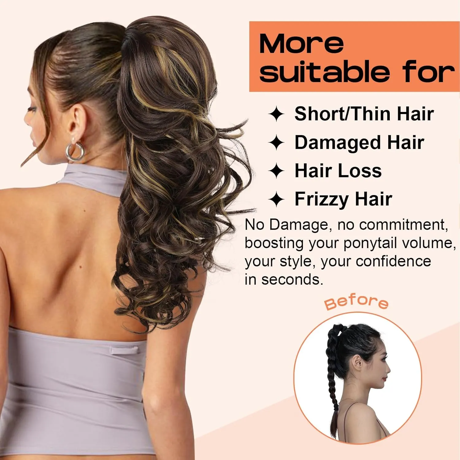 SEIKEA Ponytail Extension, 22" Long Wavy Curly Drawstring Ponytail Multi-layered Fluffy Thick Clip in Hair Extensions Natural Soft Synthetic Hairpiece Chocolate Brown with Highlights