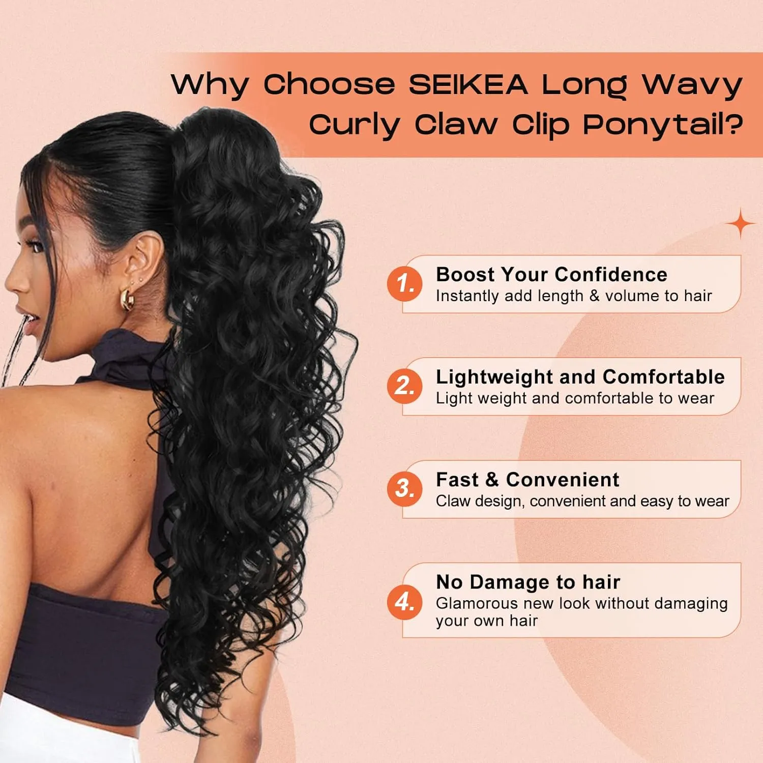 SEIKEA Ponytail Extension, 24" Fluffy Long Wavy Curly Claw Clip Hair Extensions Ponytail Multi-layered Clip in Fake Pony Tails Natural Soft Synthetic Hairpiece Dark Blonde to Light Blonde