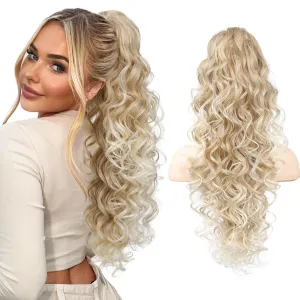 SEIKEA Ponytail Extension, 24" Fluffy Long Wavy Curly Claw Clip Hair Extensions Ponytail Multi-layered Clip in Fake Pony Tails Natural Soft Synthetic Hairpiece Dark Blonde to Light Blonde
