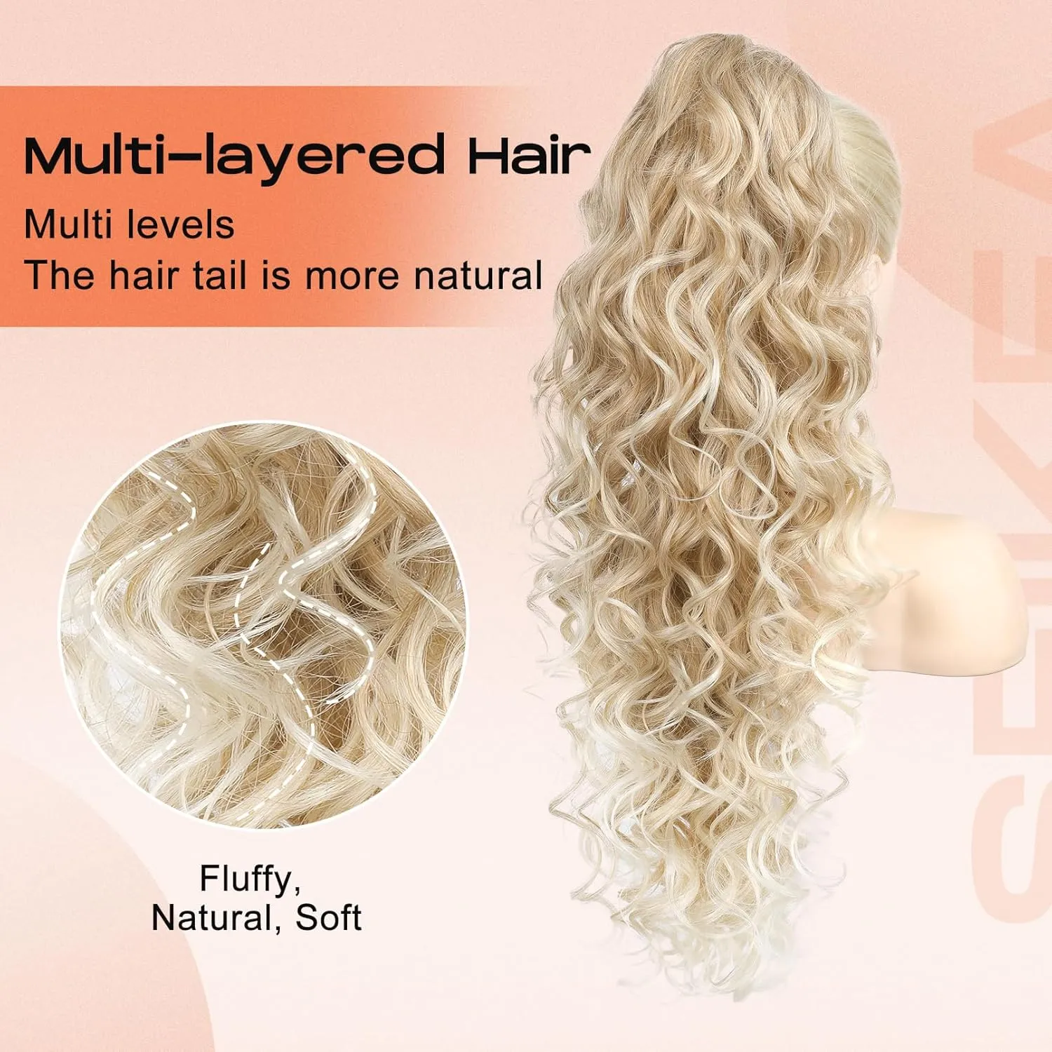 SEIKEA Ponytail Extension, 24" Fluffy Long Wavy Curly Claw Clip Hair Extensions Ponytail Multi-layered Clip in Fake Pony Tails Natural Soft Synthetic Hairpiece Dark Blonde to Light Blonde