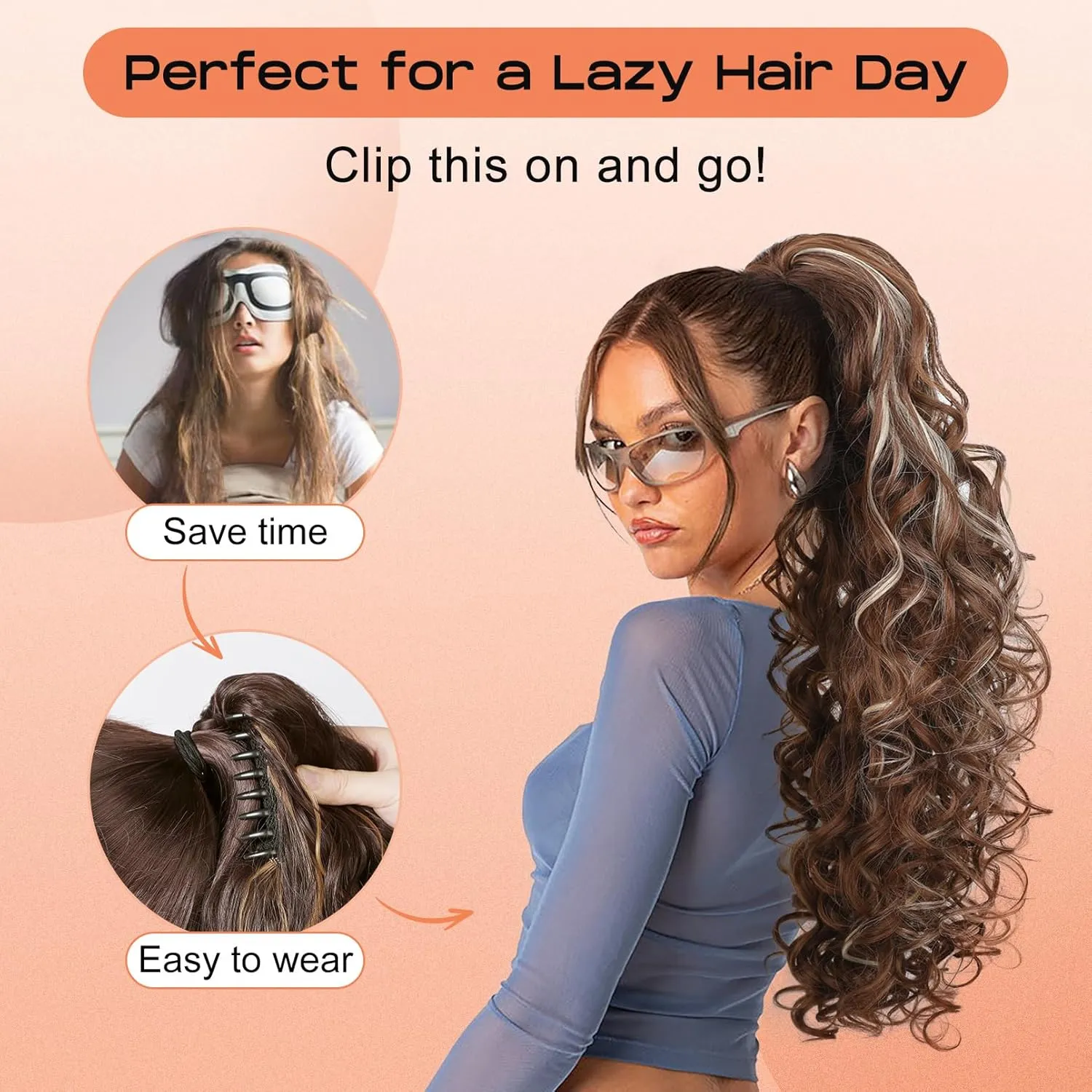 SEIKEA Ponytail Extension, 24" Fluffy Long Wavy Curly Claw Clip Hair Extensions Ponytail Multi-layered Clip in Fake Pony Tails Natural Soft Synthetic Hairpiece Dark Blonde to Light Blonde