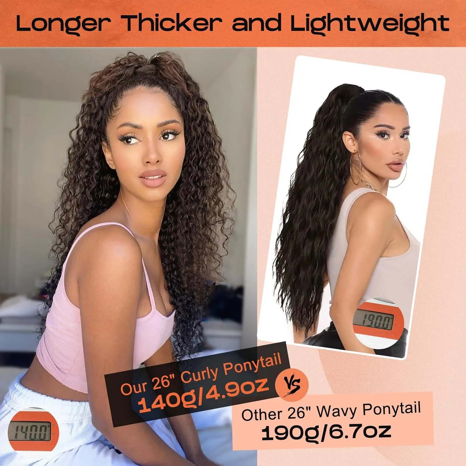 SEIKEA Ponytail Extension, 26" Lightweight Curly Drawstring Ponytail Long Thick Fake Pony Tail Multi Layered Natural Soft Clip in Hair Extensions Ponytail Synthetic Hairpiece for Women Black Brown