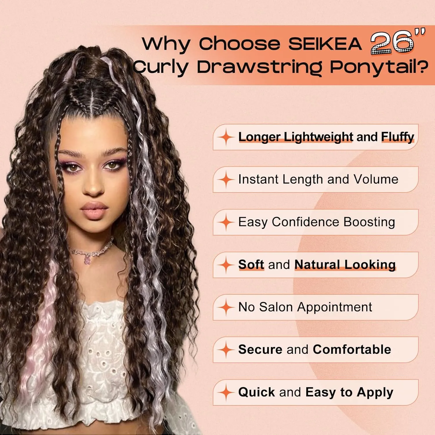 SEIKEA Ponytail Extension, 26" Lightweight Curly Drawstring Ponytail Long Thick Fake Pony Tail Multi Layered Natural Soft Clip in Hair Extensions Ponytail Synthetic Hairpiece for Women Black Brown