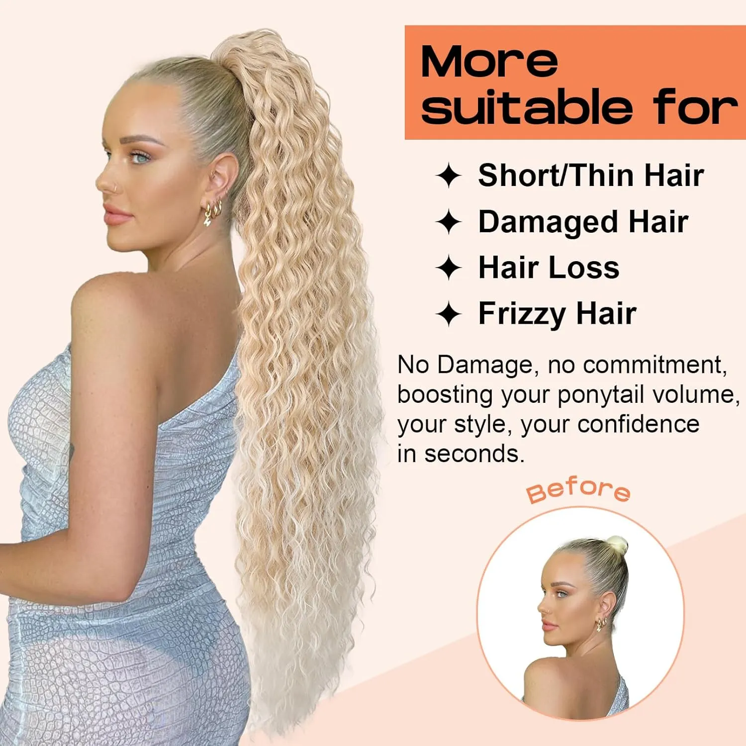 SEIKEA Ponytail Extension, 26" Lightweight Curly Drawstring Ponytail Long Thick Fake Pony Tail Multi Layered Natural Soft Clip in Hair Extensions Ponytail Synthetic Hairpiece for Women Black Brown