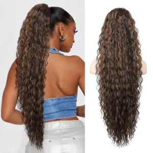 SEIKEA Ponytail Extension, 36" Long Lightweight Full Natural Curly Drawstring Ponytail Fake Pony Tail Multi Layered Soft Clip in Hair Extensions Synthetic Hairpiece Chocolate Brown/Blonde Highlights