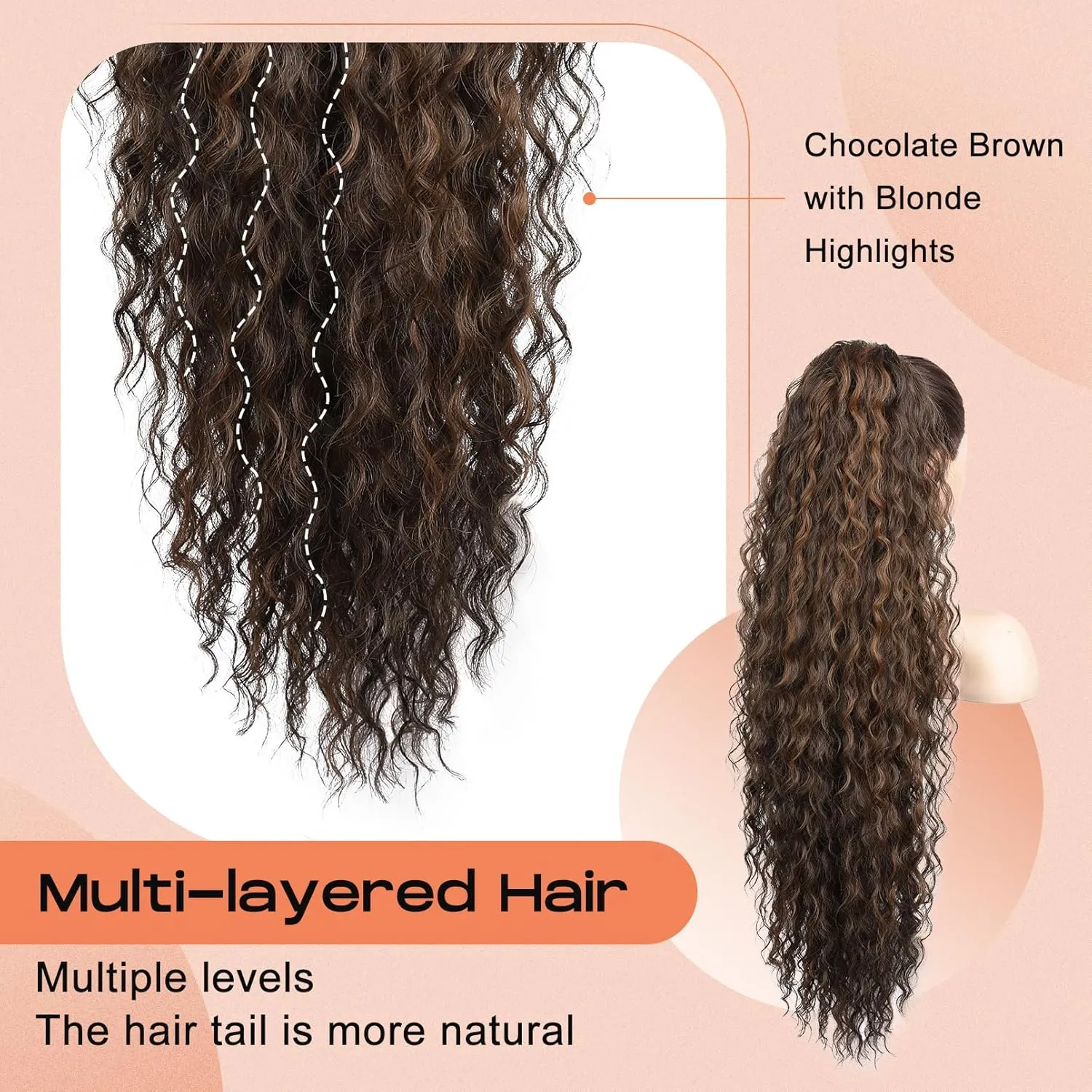 SEIKEA Ponytail Extension, 36" Long Lightweight Full Natural Curly Drawstring Ponytail Fake Pony Tail Multi Layered Soft Clip in Hair Extensions Synthetic Hairpiece Chocolate Brown/Blonde Highlights