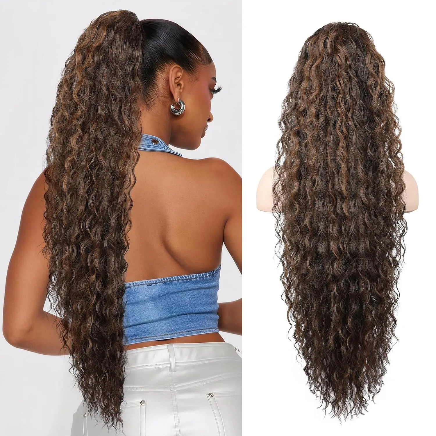 SEIKEA Ponytail Extension, 36" Long Lightweight Full Natural Curly Drawstring Ponytail Fake Pony Tail Multi Layered Soft Clip in Hair Extensions Synthetic Hairpiece Chocolate Brown/Blonde Highlights