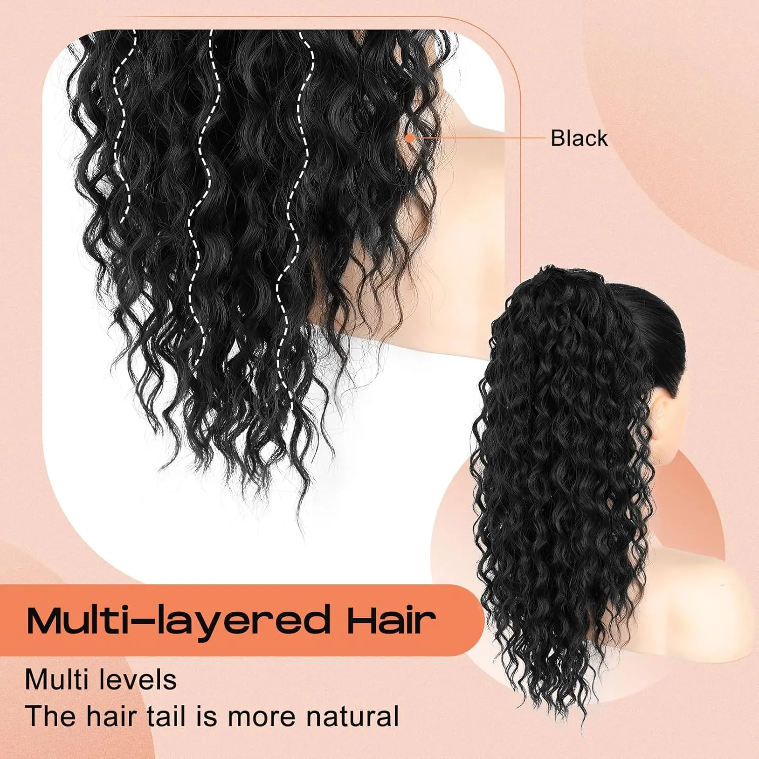 SEIKEA Ponytail Extension, PT005 Isabella 18" Long Bohemian Curly Drawstring Ponytail Light Fluffy Multi Layered Clip in Hair Extensions Ponytail Natural Soft Synthetic Hairpiece Black