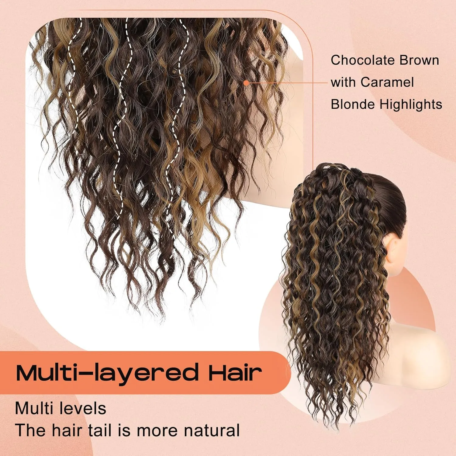 SEIKEA Ponytail Extension, PT005 Isabella 18" Long Bohemian Curly Drawstring Ponytail Light Fluffy Multi Layered Clip in Hair Extensions Ponytail Natural Soft Synthetic Hairpiece Brown/Caramel Blonde