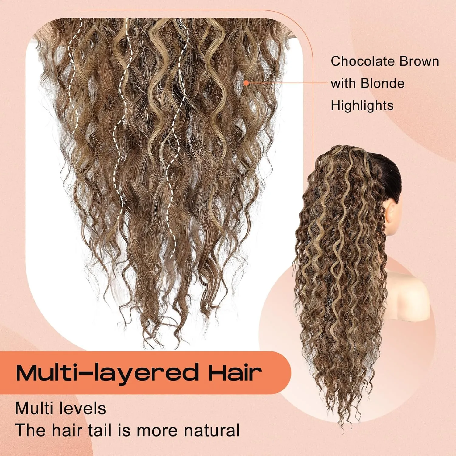 SEIKEA Ponytail Extension, PT005 Isabella 26" Long Bohemian Curly Drawstring Ponytail Light Fluffy Multi Layered Clip in Hair Extensions Ponytail Natural Soft Synthetic Hairpiece ChocolateBrown/Blonde