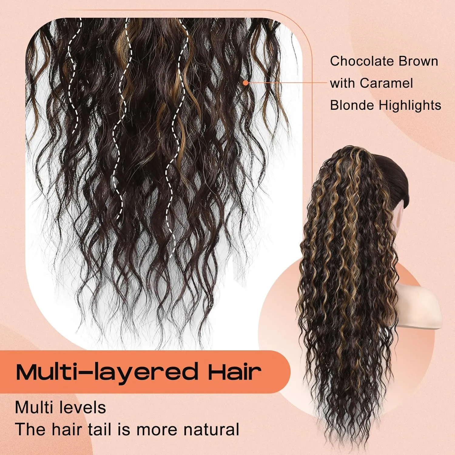 SEIKEA Ponytail Extension, PT005 Isabella 26" Long Bohemian Curly Highlight Drawstring Ponytail Multi Layered Light Fluffy Clip in Hair Extensions Ponytail Chocolate Brown Caramel Blonde Highlights