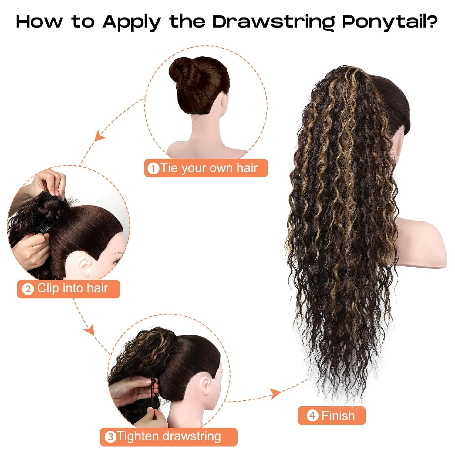 SEIKEA Ponytail Extension, PT005 Isabella 26" Long Bohemian Curly Highlight Drawstring Ponytail Multi Layered Light Fluffy Clip in Hair Extensions Ponytail Chocolate Brown Caramel Blonde Highlights