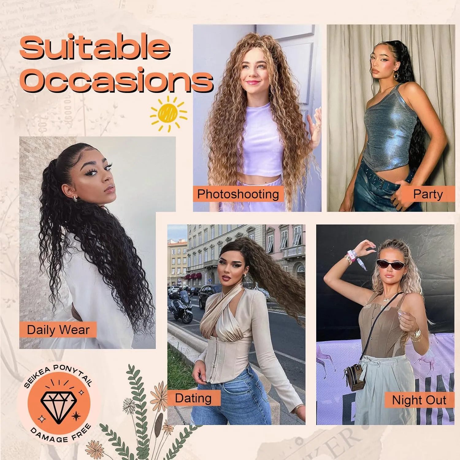SEIKEA Ponytail Extension, PT005 Isabella 26" Long Bohemian Curly Highlight Drawstring Ponytail Multi Layered Light Fluffy Clip in Hair Extensions Ponytail Chocolate Brown Caramel Blonde Highlights