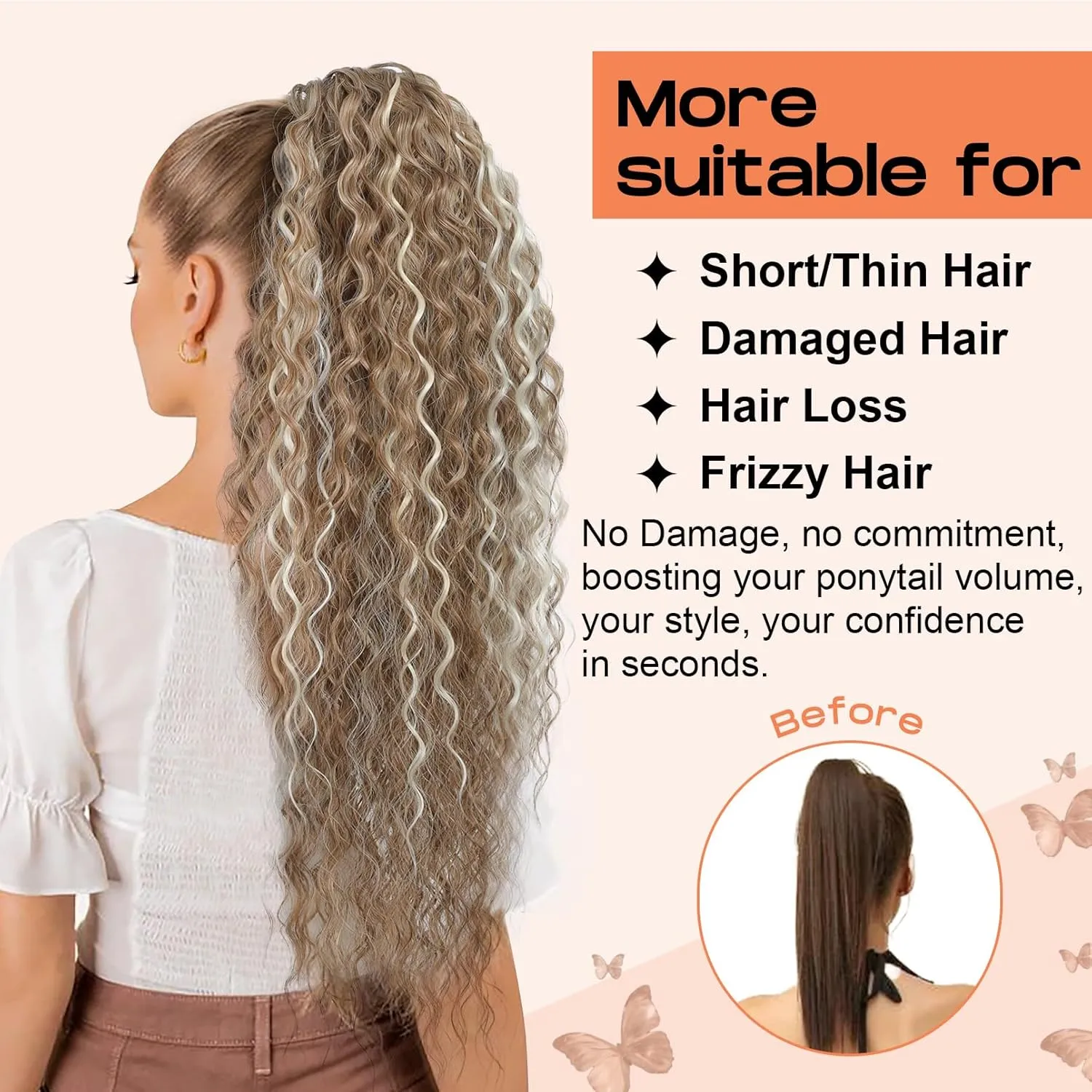 SEIKEA Ponytail Extension, PT005 Isabella 26" Long Bohemian Curly Highlight Drawstring Ponytail Multi Layered Light Fluffy Soft Clip in Hair Extensions Ponytail Natural Dark Blonde to Light Blonde