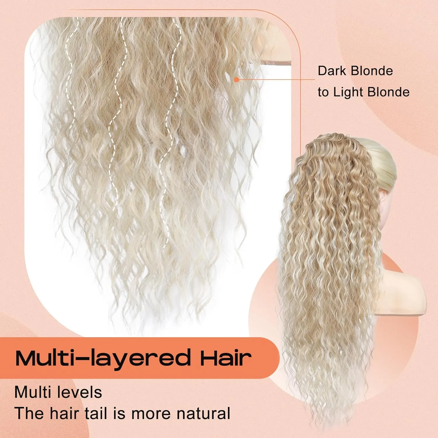 SEIKEA Ponytail Extension, PT005 Isabella 26" Long Bohemian Curly Highlight Drawstring Ponytail Multi Layered Light Fluffy Soft Clip in Hair Extensions Ponytail Natural Dark Blonde to Light Blonde