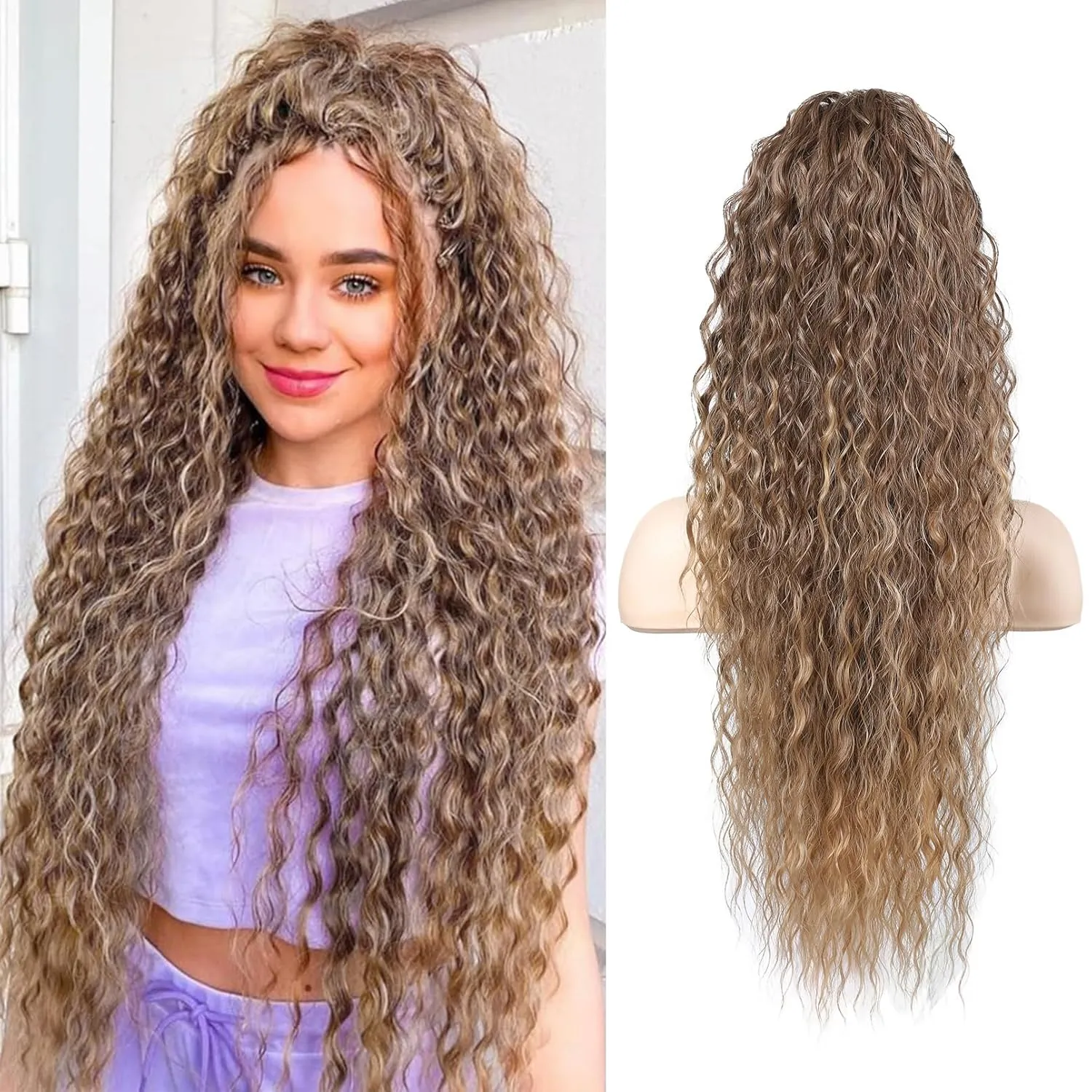 SEIKEA Ponytail Extension, PT005 Isabella 26" Long Bohemian Curly Highlight Drawstring Ponytail Multi Layered Light Fluffy Soft Clip in Hair Extensions Ponytail Natural Synthetic Brown to Blonde