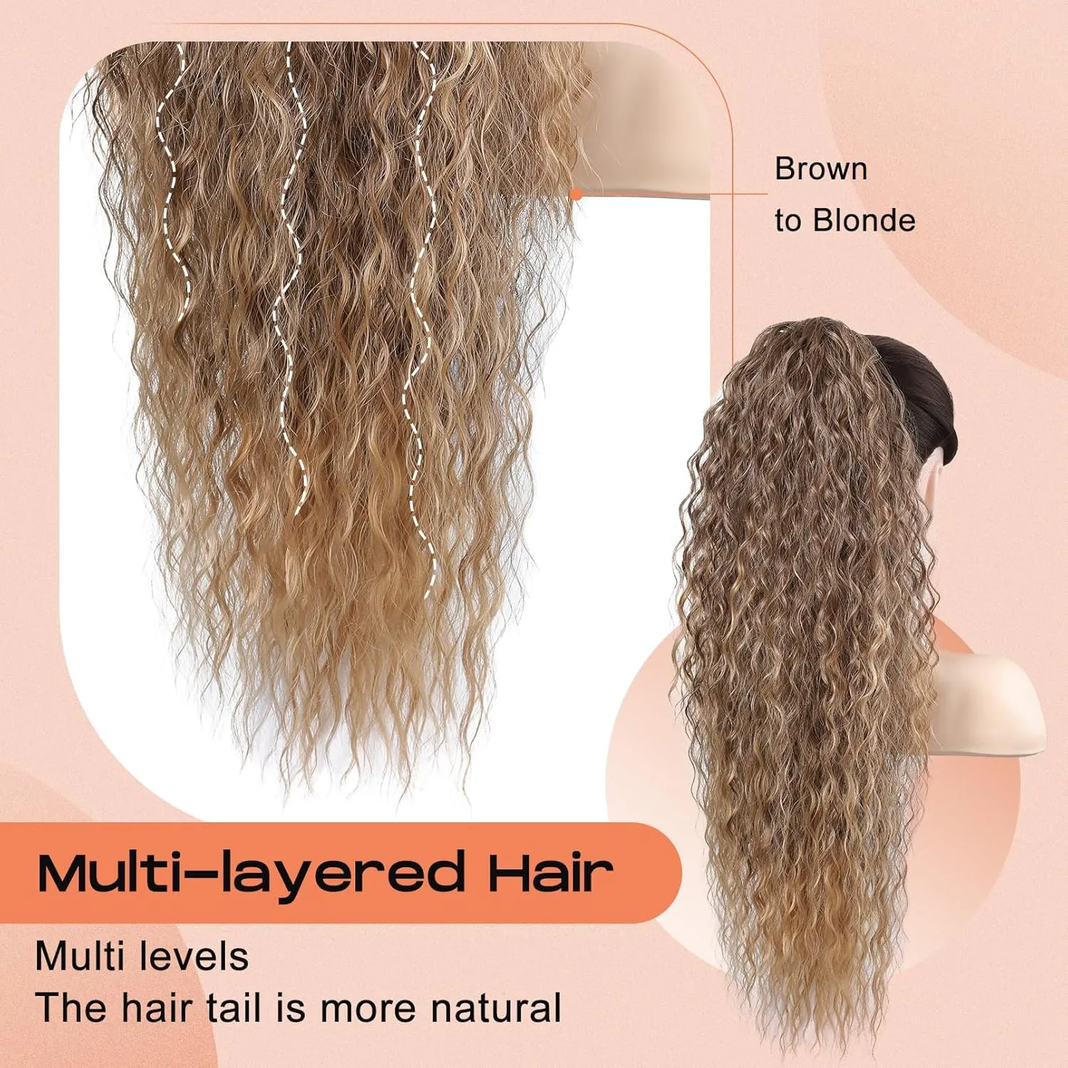 SEIKEA Ponytail Extension, PT005 Isabella 26" Long Bohemian Curly Highlight Drawstring Ponytail Multi Layered Light Fluffy Soft Clip in Hair Extensions Ponytail Natural Synthetic Brown to Blonde