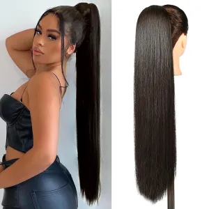 SEIKEA Ponytail Extensions Drawstring Long Straight Fake Pony Tail Natural Soft Clip in Hair Extension Synthetic Heat Resistant Hairpiece 32 Inch 165 Gram Black Brown