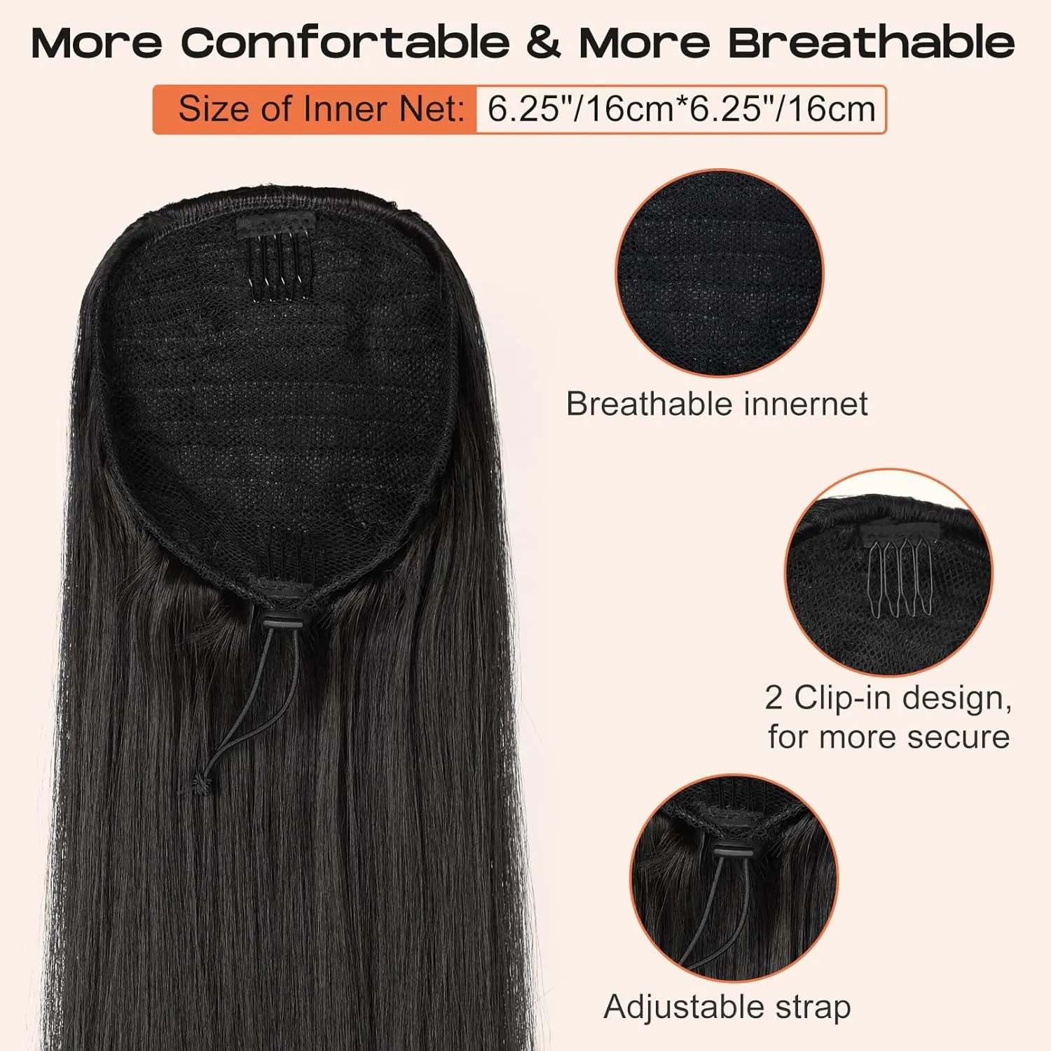 SEIKEA Ponytail Extensions Drawstring Long Straight Fake Pony Tail Natural Soft Clip in Hair Extension Synthetic Heat Resistant Hairpiece 35 Inch 180 Gram Black Brown