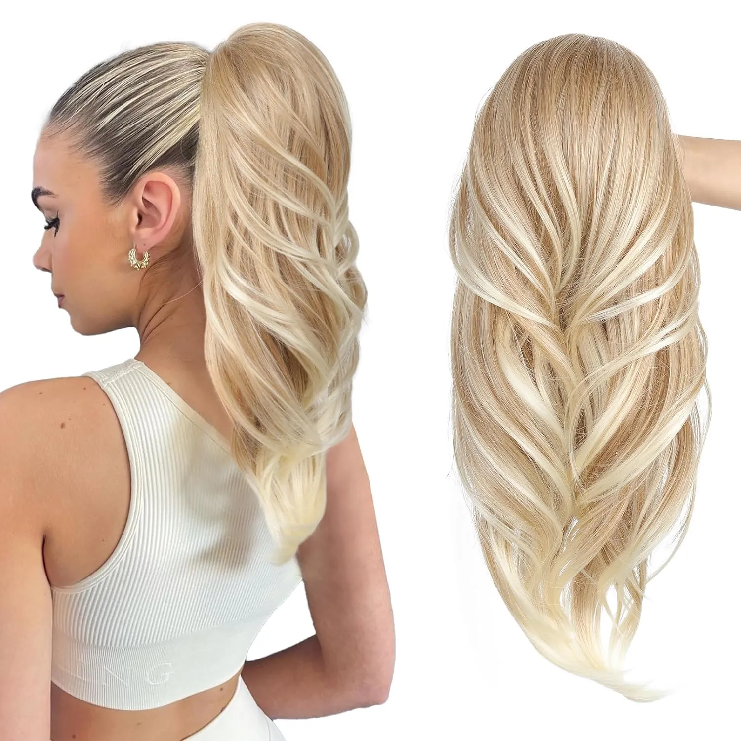 SEIKEA Versatile Drawstring Ponytail Extension, 18" Long Wavy Multi Layered Clip in Ponytail Hair Extensions Stand Up High Fake Pony Tail Soft Natural Synthetic Hairpiece Dark Blonde to Light Blonde