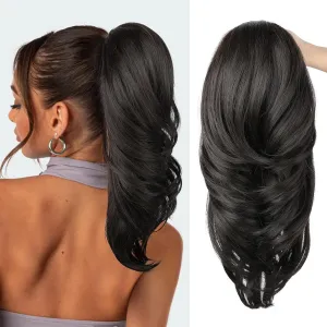 SEIKEA Versatile Drawstring Ponytail Extension, 18" Long Wavy Multi Layered Clip in Ponytail Hair Extensions Stand Up High Fake Pony Tail Soft Natural Synthetic Hairpiece for Women Black Brown