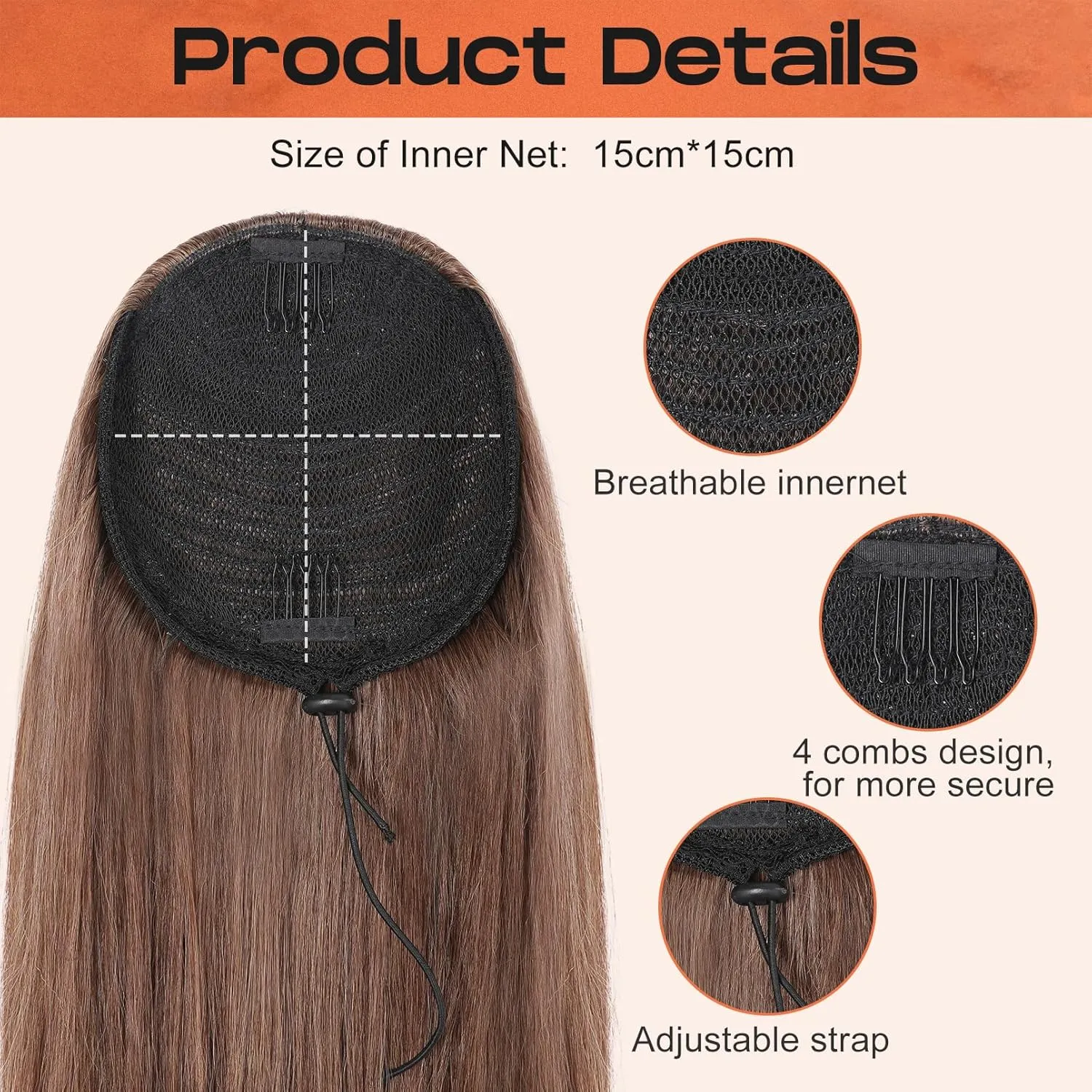 SEIKEA Versatile Drawstring Ponytail Extension, 18" Long Wavy Multi Layered Clip in Ponytail Hair Extensions Stand Up High Fake Pony Tail Soft Natural Synthetic Hairpiece for Women Deep Ginger