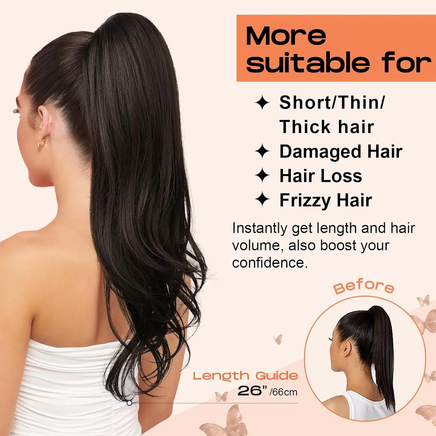 SEIKEA Versatile Drawstring Ponytail Extension, 26" Long Wavy Multi Layered Clip in Ponytail Hair Extensions Stand Up High Fake Pony Tail Soft Natural Synthetic Hairpiece for Women Deep Ginger