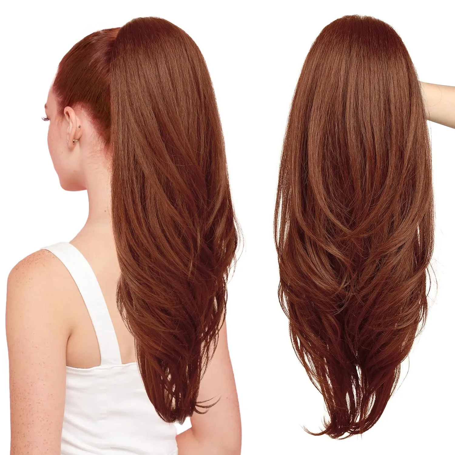 SEIKEA Versatile Drawstring Ponytail Extension, 26" Long Wavy Multi Layered Clip in Ponytail Hair Extensions Stand Up High Fake Pony Tail Soft Natural Synthetic Hairpiece for Women Deep Ginger