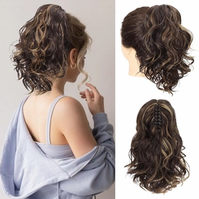 SEIKEA Highight Ponytail Extension Jaw Claw 10" Short Thick Wavy Curly Soft Natural Looking Clip in Synthetic Hairpiece One Piece Fake Pony Tails for Women Dark Brown with Highlights