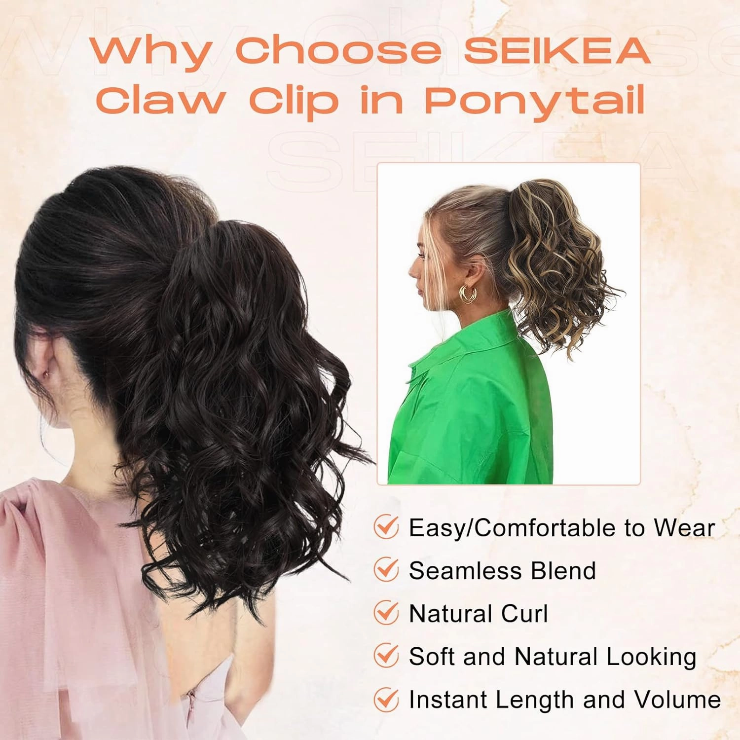 SEIKEA Highight Ponytail Extension Jaw Claw 10" Short Thick Wavy Curly Soft Natural Looking Clip in Synthetic Hairpiece One Piece Fake Pony Tails for Women Dark Brown with Highlights