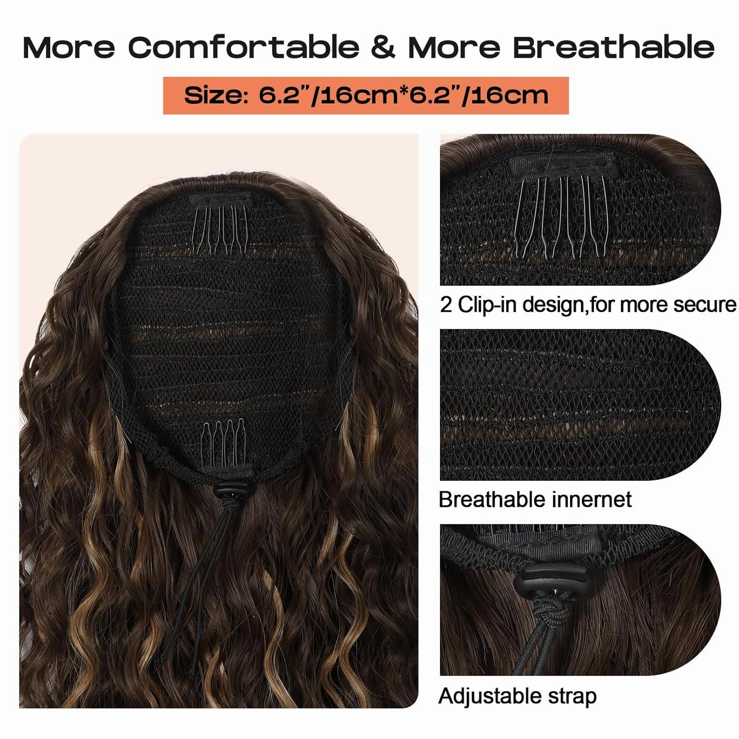 SEIKEA Highlight Drawstring Ponytail Extension, PT005 Isabella 26" Long Bohemian Curly Pony Tail Multi Layered Light Soft Clip in Hair Extensions Ponytail Natural Synthetic Dark Chocolate Brown