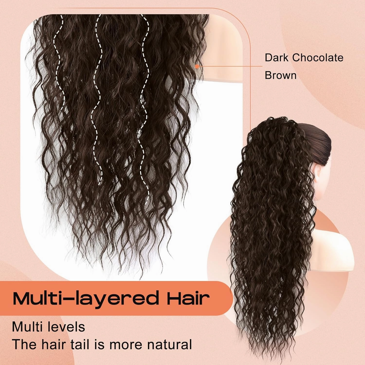 SEIKEA Highlight Drawstring Ponytail Extension, PT005 Isabella 26" Long Bohemian Curly Pony Tail Multi Layered Light Soft Clip in Hair Extensions Ponytail Natural Synthetic Dark Chocolate Brown