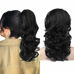 SEIKEA Ponytail Extension, 18" Long Wavy Curly Drawstring Ponytail Multi-layered Fluffy Thick Clip in Hair Extensions Natural Soft Synthetic Hairpiece Black
