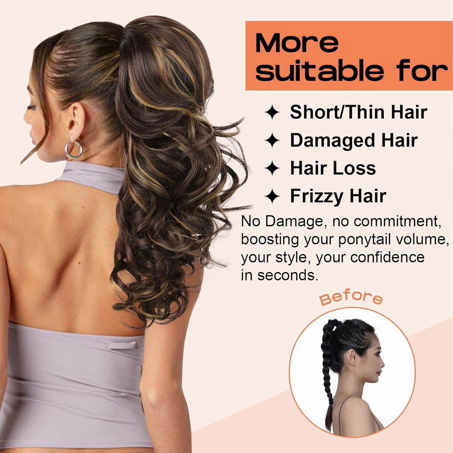 SEIKEA Ponytail Extension, 18" Long Wavy Curly Drawstring Ponytail Multi-layered Fluffy Thick Clip in Hair Extensions Natural Soft Synthetic Hairpiece Black