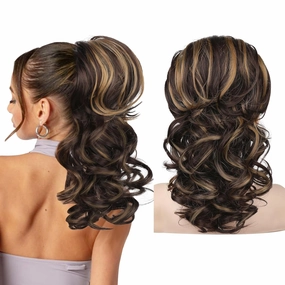 SEIKEA Ponytail Extension, 18" Long Wavy Curly Drawstring Ponytail Multi-layered Fluffy Thick Clip in Hair Extensions Natural Soft Synthetic Hairpiece Chocolate Brown/Caramel Blonde Highlights