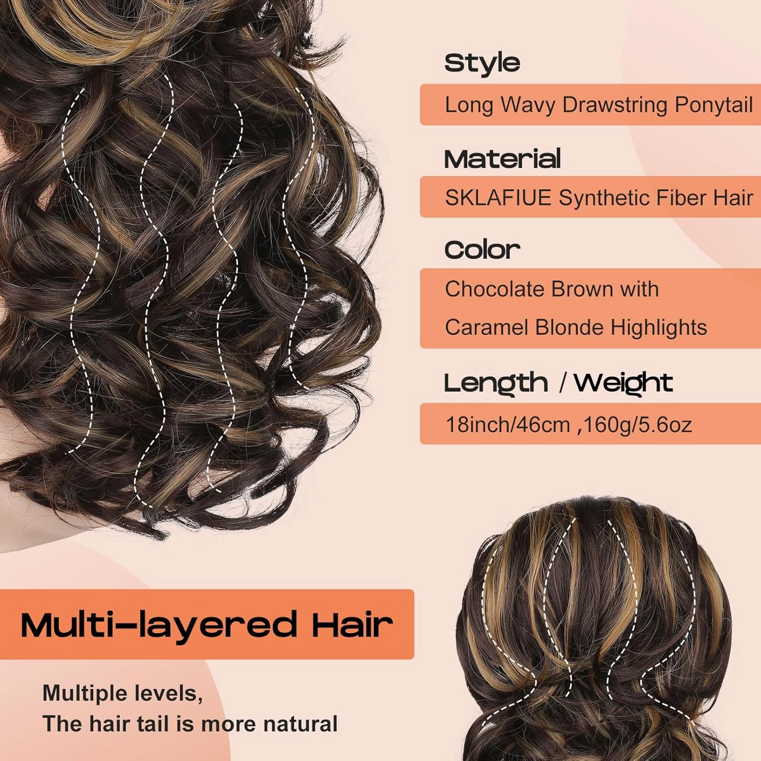 SEIKEA Ponytail Extension, 18" Long Wavy Curly Drawstring Ponytail Multi-layered Fluffy Thick Clip in Hair Extensions Natural Soft Synthetic Hairpiece Chocolate Brown/Caramel Blonde Highlights