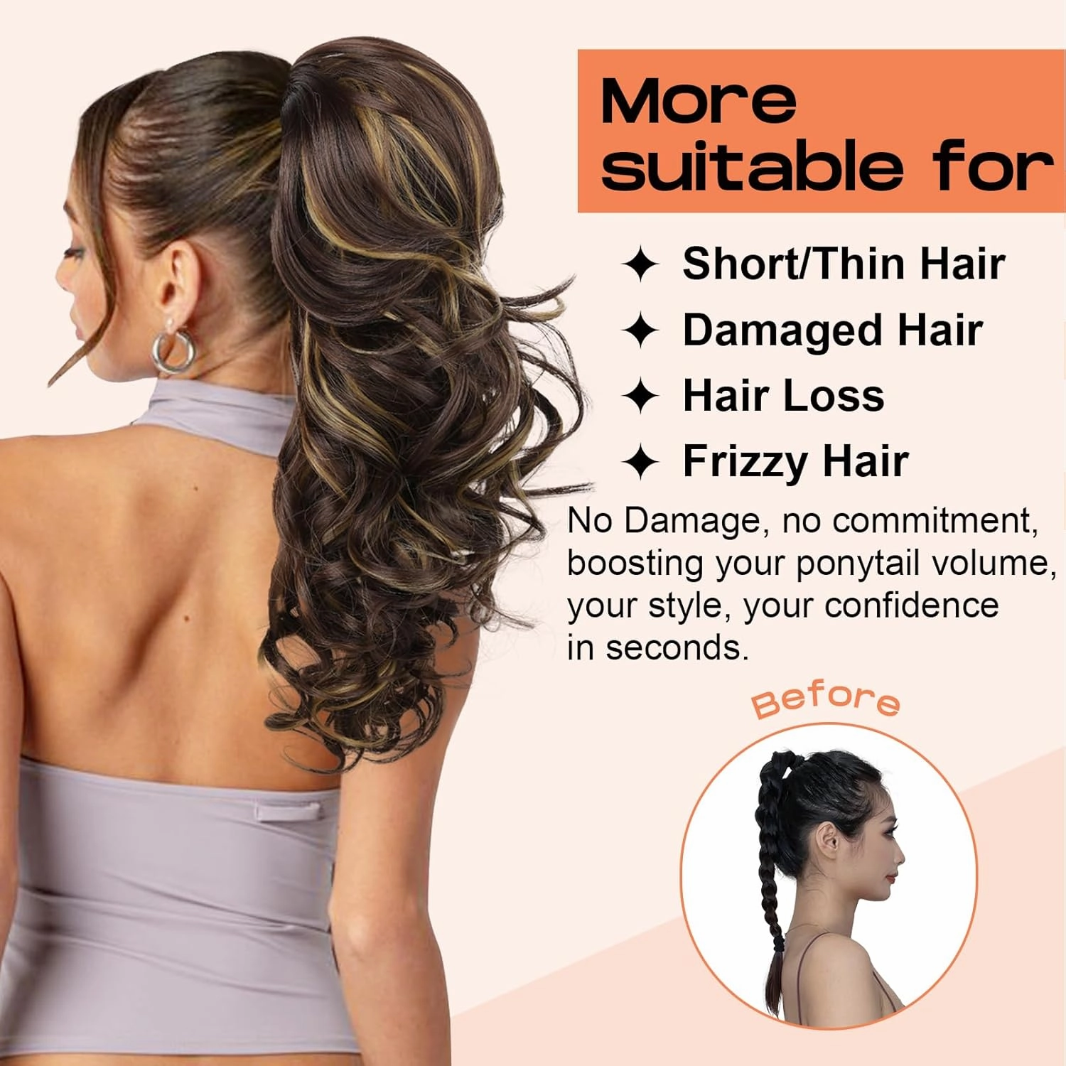 SEIKEA Ponytail Extension, 18" Long Wavy Curly Drawstring Ponytail Multi-layered Fluffy Thick Clip in Hair Extensions Natural Soft Synthetic Hairpiece Chocolate Brown with Highlights